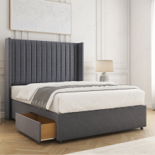 (Steel, 5ft King (No Mattress)) Manhattans Divan Double Bed Base with 2 Drawers 54" Wingback Headboard Velvet Upholstered Storage Bed with Mattress Option