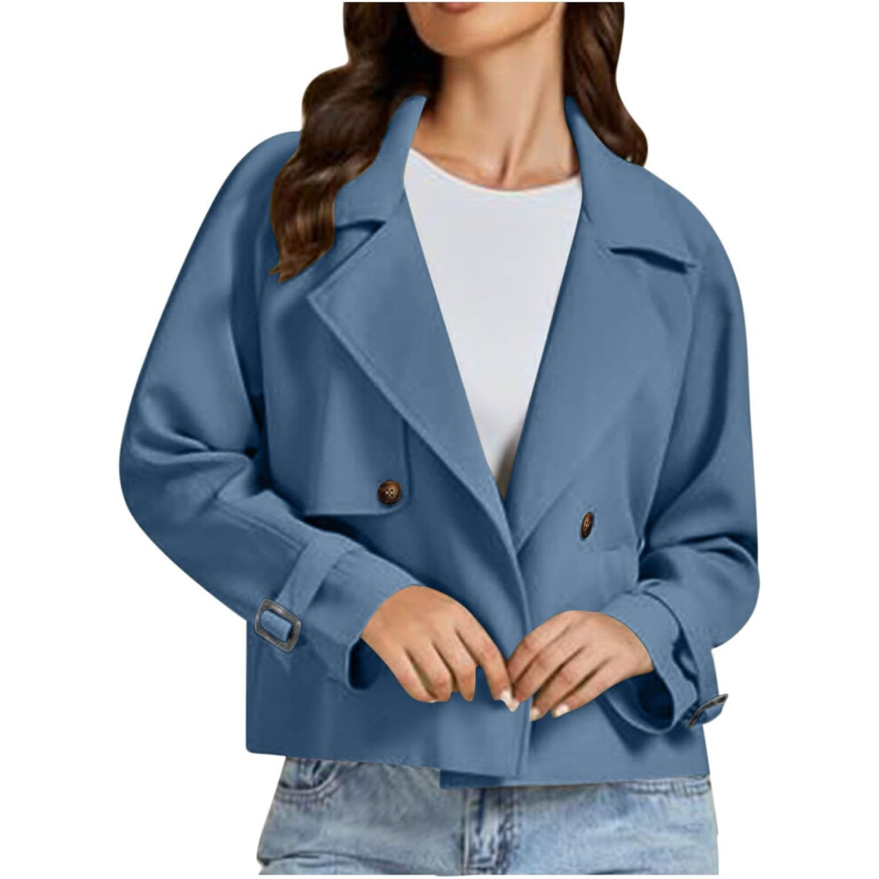 (M, 001 Navy) Women's Jackets Cropped Trench Coats Lapel Double Breasted Blazer Long Sleeve Casual Jacket Button Down Peacoat Trench Jackets Overcoat