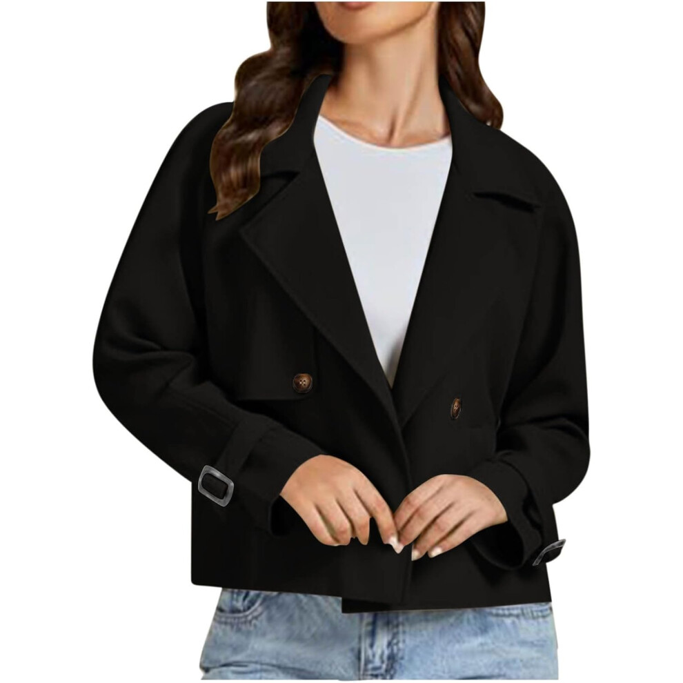 (L, 001 Black) Women's Jackets Cropped Trench Coats Lapel Double Breasted Blazer Long Sleeve Casual Jacket Button Down Peacoat Trench Jackets Overcoat