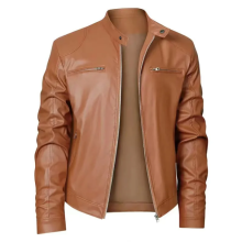 (L)Men's Motorcycle Leather Jacket Stand Collar Zipper Multi-Pocket