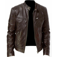 (4XL)Men's Motorcycle Leather Jacket Stand Collar Zipper Multi-Pocket