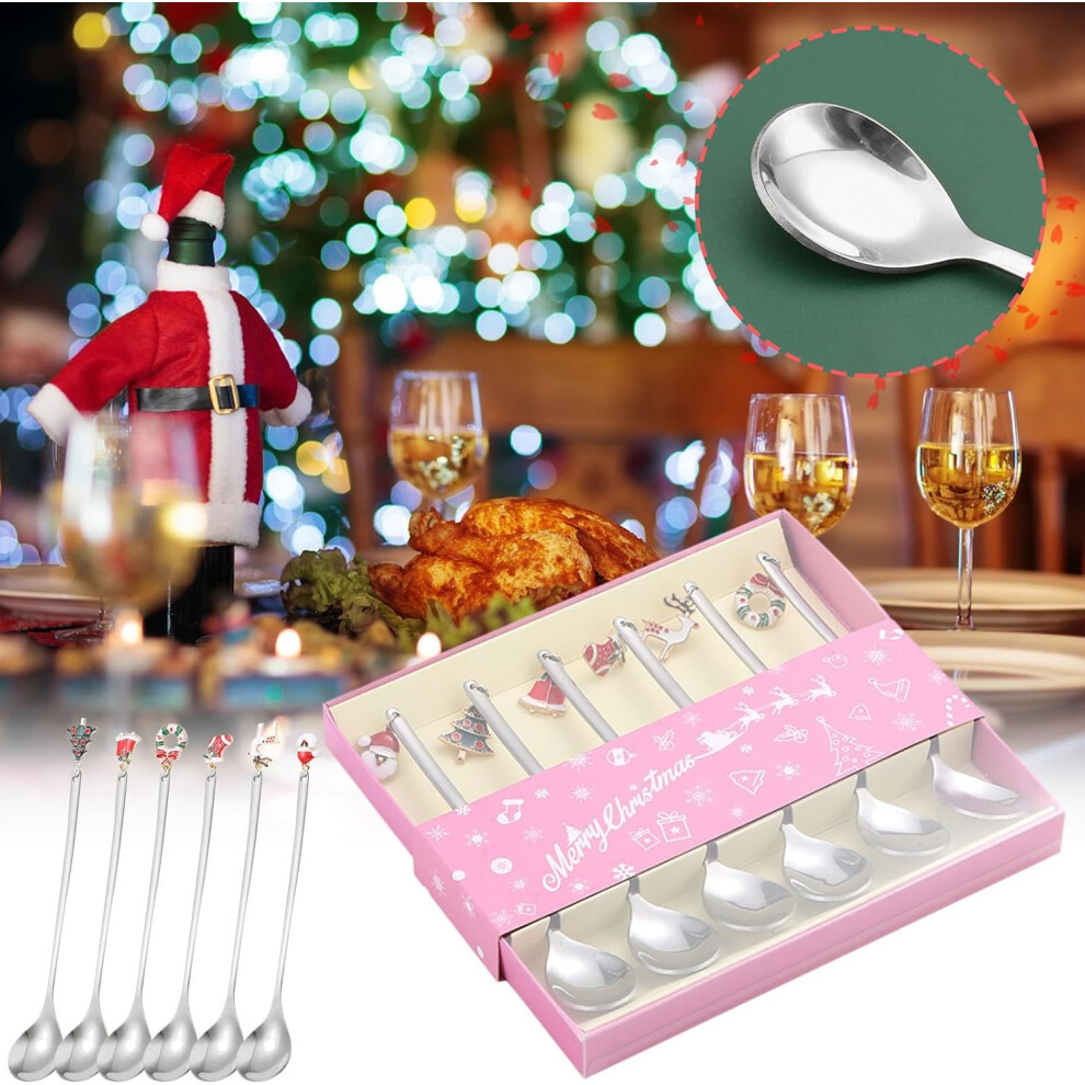 (B) Christmas Ornament Decorations Promotion 6Pcs Christmas Stainless Steel Spoon Fork Coffee Stirring Spoons Dessert Forks Xmas Gifts Box Set Ornamen Brown