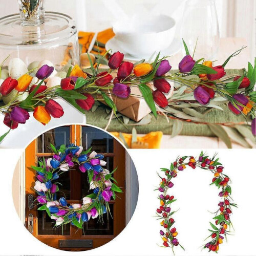 (A) Artificial Tulip Garland Spring Garland Easter Decorations W/ Flower Green 2