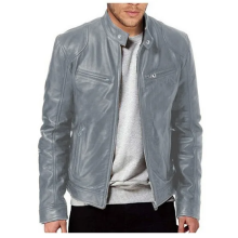 (2XL)Men's Motorcycle Leather Jacket Stand Collar Zipper Multi-Pocket