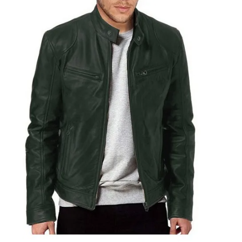 (M)Men's Motorcycle Leather Jacket Stand Collar Zipper Multi-Pocket