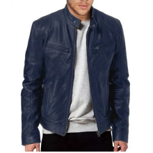 (M)Men's Motorcycle Leather Jacket Stand Collar Zipper Multi-Pocket