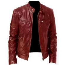 (XL)Men's Motorcycle Leather Jacket Stand Collar Zipper Multi-Pocket