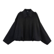 (S, black) Women'S Suede Texture Effect Loose Version Of Fashion Lapel Shoulder Bomber Jacket - DSW