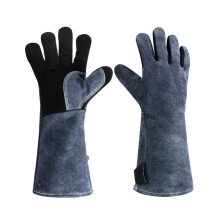 1Paar Zwarte Bbq Handschoenen Hittebestendig Leren Isolatie Voor