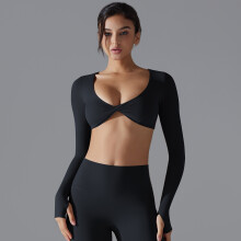 (Long sleeves - black, L) Sports long-sleeved fitness wear for women with deep V-neck, slim fit and breathable ins style navel-baring outdoor yoga wear short top