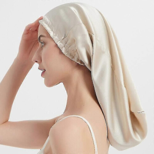 Gorro de dormir 100 % seda morera para cabello largo, gorro de dormir largo de seda (beige) 2