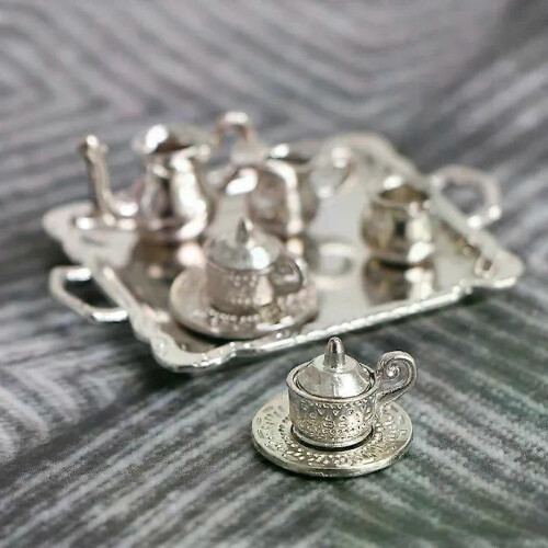 10 st 1/12 dockskåp miniatyr silvermetall te kaffebricka servisset 2