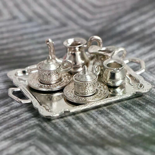 10 st 1/12 dockskåp miniatyr silvermetall te kaffebricka servisset 1