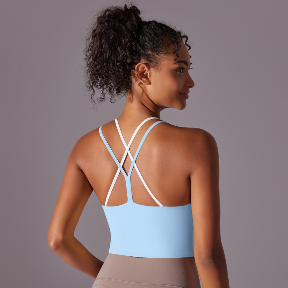 (Vest-baby blue, L) Beautiful back double-layer cross double-sided nylon brushed sports bra running fitness yoga wear top for women