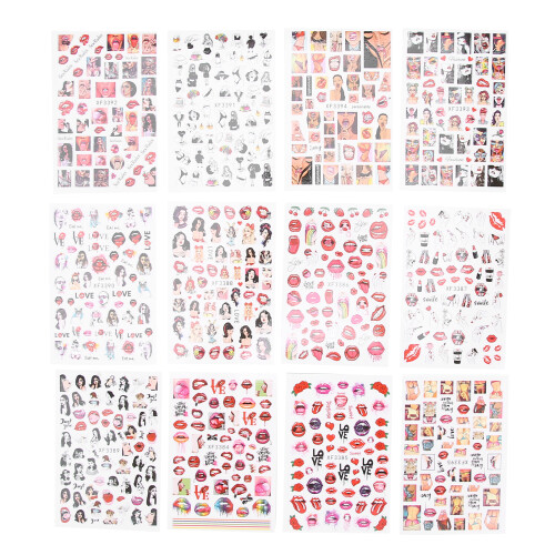 Variation Pack: 12 Blatt Selbstklebende Lippenmuster Nagelaufkleber 1
