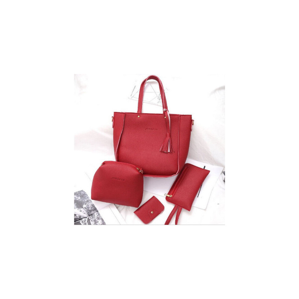 (Red) Leather 4Pcs Women Handbag Lady Shoulder Bags Tote Purse Messenger Set Y Satchel Red