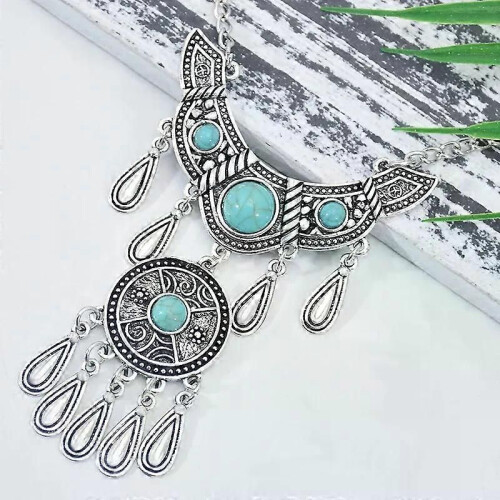 Collane vintage etniche multistrato con nappe e gocce d'acqua per donna, stile boho, con perline blu 2