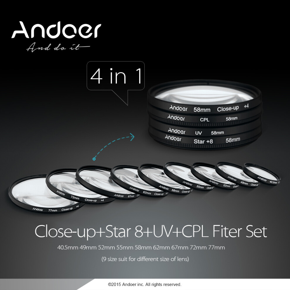 Andoer 62Mm Uv+Cpl+Close-Up+4 +Star 8-Point Filter 8320539550794