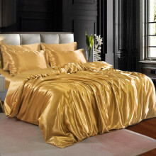 (Dull Gold, Double) 6PCS SATIN COMPLETE BEDDING SET DUVET COVER FITTED SHEET 4 PILLOW CASES