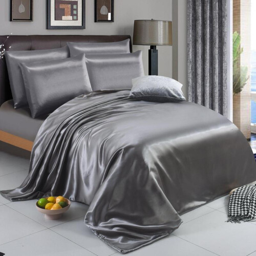 (Silver, Single) 6PCS SATIN COMPLETE BEDDING SET DUVET COVER FITTED SHEET 4 PILLOW CASES
