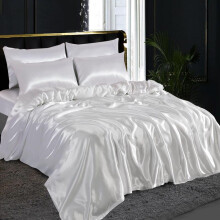(White, Double) 6PCS SATIN COMPLETE BEDDING SET DUVET COVER FITTED SHEET 4 PILLOW CASES