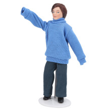 1:12 Puppenhaus Porzellan junger Mann Figurine beweglich blauer Pullover 15x5,5cm
