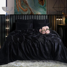 (Black, S-KING: 1 Duvet Cover+4 Pillowcases+1 Fitted Sheet) Luxury Satin Silk Bedding Set 6 PCS – Fitted Sheet, Duvet Cover & 4 Pillowcases – Ultra Soft, Smooth & Elegant Bedroom Set – Single, Double