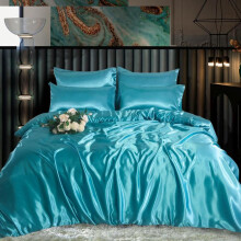 (Teal, DOUBLE: 1 Duvet Cover+4 Pillowcases+1 Fitted Sheet) Luxury Satin Silk Bedding Set 6 PCS – Fitted Sheet, Duvet Cover & 4 Pillowcases – Ultra Soft, Smooth & Elegant Bedroom Set – Single, Double