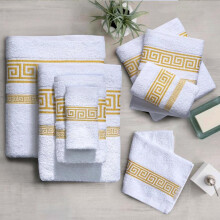 (White-Gold, 1 Each(Face,Hand,Bath Towel&Bath Sheet)) Luxury 100% Egyptian Cotton Hand, Face, and Bath Towels & Bath Sheets with Gold&Silver Effect Greek Border - Ultra Soft, Highly Absorbent,