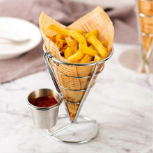 (B) French Fries Stand Durable Metal Chip Rust-proof Hollow Out with Cup Holder Fried Chicken Display Rack for Food Appetizers