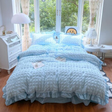 (seersucker small plaid lace blue, EU-Single-53"x 79") 3pcs seersucker plaid bedding ruffles duvet cover and pillowcase (excluding core) duvet cover with zipper easy care and washing,