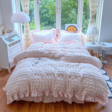 (Seersucker small plaid lace powder, US-Full-80"x90") 3pcs seersucker plaid bedding ruffles duvet cover and pillowcase (excluding core) duvet cover with zipper easy care and washing,