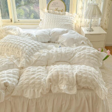 (Seersucker small plaid lace white, US-Full-80"x90") 3pcs seersucker plaid bedding ruffles duvet cover and pillowcase (excluding core) duvet cover with zipper easy care and washing,
