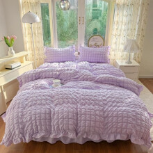 (seersucker small plaid purple, US-Full-80"x90") 3pcs seersucker plaid bedding ruffles duvet cover and pillowcase (excluding core) duvet cover with zipper easy care and washing,