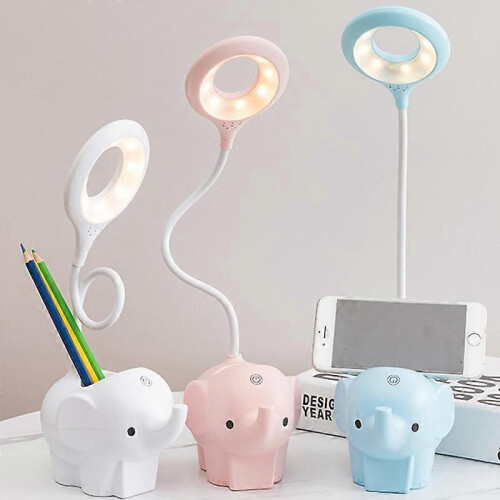 (White)Cute Elephant LED Desk Lamp USB Rechargeable Study Reading Light Touch Control Dimming Table 1
