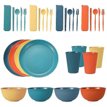 (COLORFUL 32PCS) Wheat Straw Dinnerware Sets 36 Piece Unbreakable Sets For Kids Travel Camping