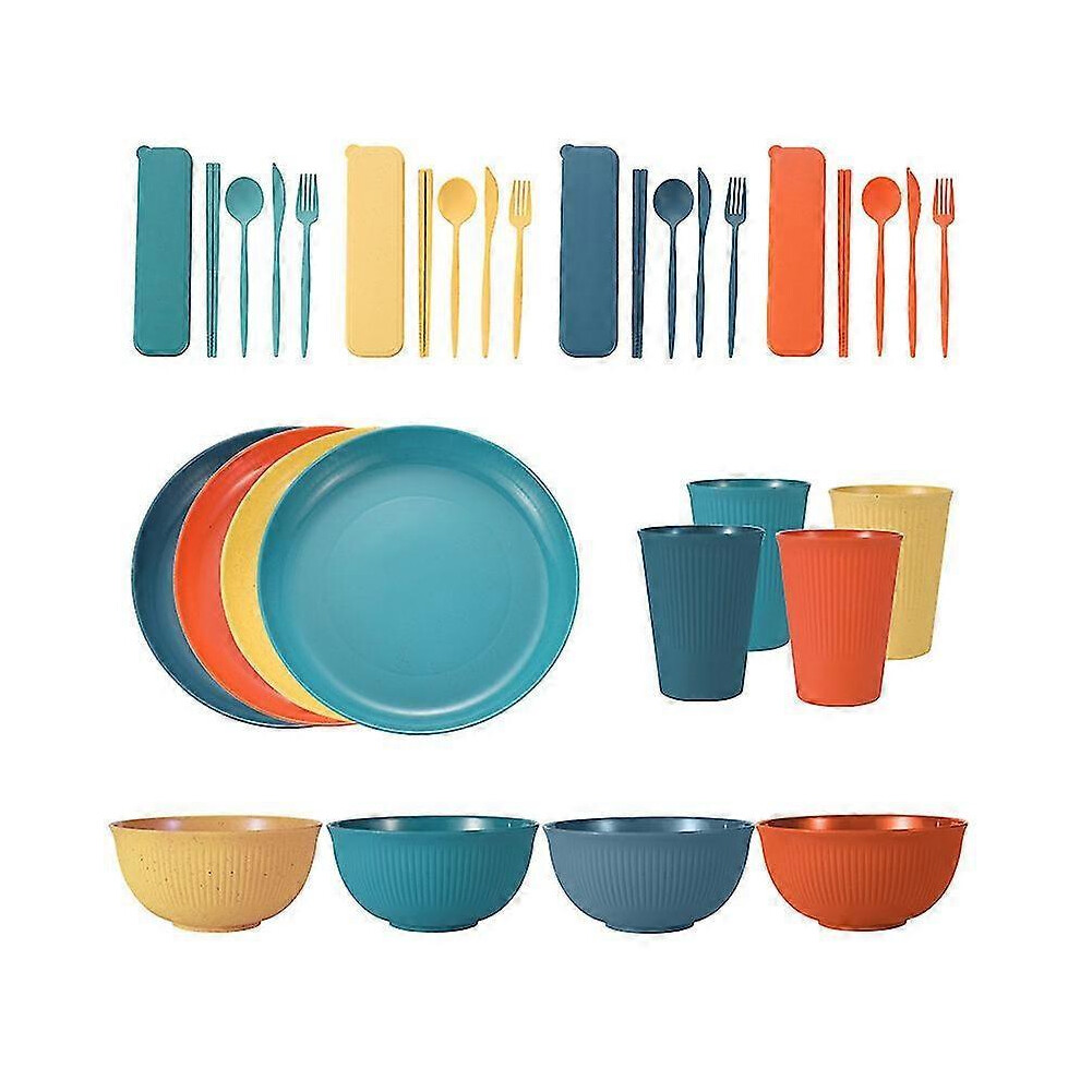 (COLORFUL 32PCS)Wheat Straw Dinnerware Sets 36 Piece Unbreakable Sets For Kids Travel Camping