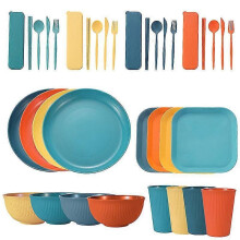 (BLUE 36PCS) Wheat Straw Dinnerware Sets 36 Piece Unbreakable Sets For Kids Travel Camping