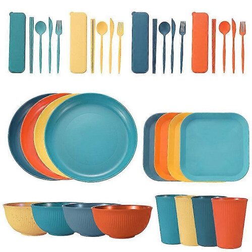 (BLUE 36PCS) Wheat Straw Dinnerware Sets 36 Piece Unbreakable Sets For Kids Travel Camping