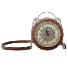 (Brown) Fashion Pu Leather Women Lady Vintage Clock Round Handbag Messenger Crossbody Shoulder Bag Chain Purse Zekai