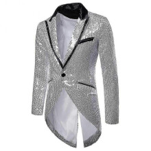 (L, Silver) Yunclos Mens Sequin Tailcoat Swallowtail Suit Jacket Party Show Tux Dress Coat Zekai