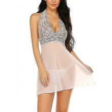 (S, White) Sexy Underwear Female Naughty Erotic Outfits Ladies 2 Piece Lingerie Chemise Lace Babydoll Mesh Nightwear