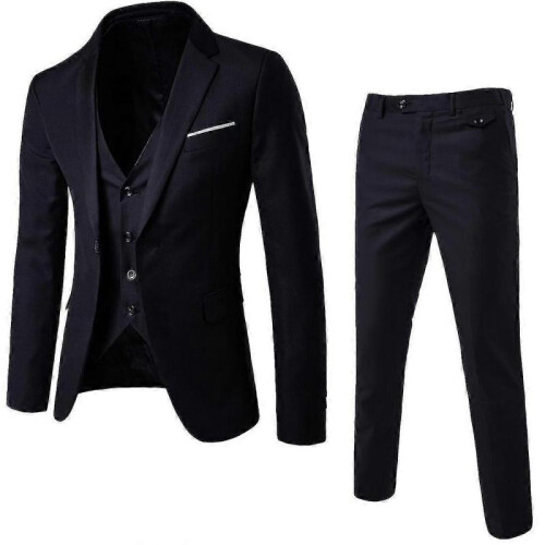 (M, Black) Men's 3 Piece Slim Fit Suit Set One Button Solid Jacket Vest Pants Business Set