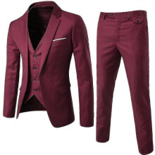 (XXL, Red) Men's 3 Piece Slim Fit Suit Set One Button Solid Jacket Vest Pants Business Set