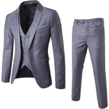 (S, Grey) Men's 3 Piece Slim Fit Suit Set One Button Solid Jacket Vest Pants Business Set