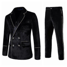 (S, Black) Men's 2 Piece Velvet Suits Classic Solid Color Suit Jacket Pants Slim Fit Double Breasted Tuxedo For Prom Zekai