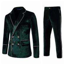 (M, Dark green) Men's 2 Piece Velvet Suits Classic Solid Color Suit Jacket Pants Slim Fit Double Breasted Tuxedo For Prom Zekai