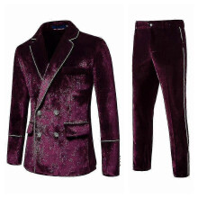 (2XL, Win red) Men's 2 Piece Velvet Suits Classic Solid Color Suit Jacket Pants Slim Fit Double Breasted Tuxedo For Prom Zekai