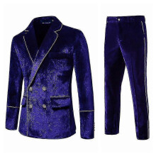 (M, Blue) Men's 2 Piece Velvet Suits Classic Solid Color Suit Jacket Pants Slim Fit Double Breasted Tuxedo For Prom Zekai