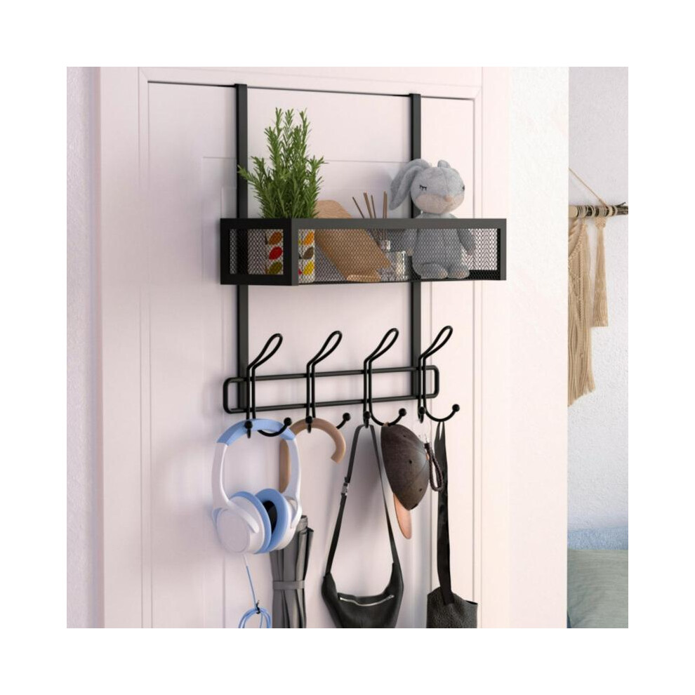 (Black, One-Size) Over The Door Hooks Organizer, Multifunctional Wall Mounted Storage Rack With 12 Hooks & Mesh Basket, Hanging Shelf, Home Organizer 5052655406473